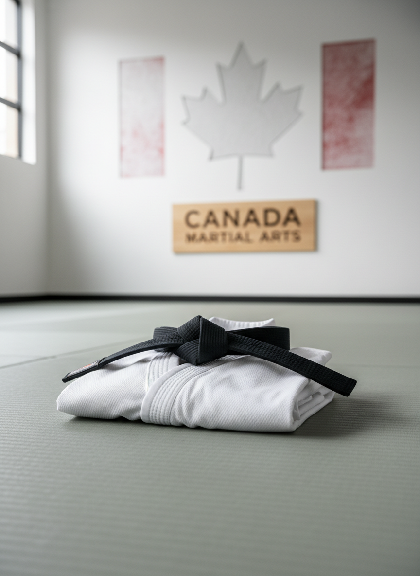 A neatly folded white karate gi with a deep black belt carefully tied on top, resting on a smooth, light gray mat inside a modern martial arts dojo. Behind it, a clean wall displays a subtle Canadian flag motif and a simple “Canada Martial Arts” logo on a wooden plaque. Soft, diffused daylight enters from high side windows, creating gentle highlights on the cotton fabric’s weave and faint shadows along the mat seams. Photographed at eye level with a slightly shallow depth of field so the gi and belt are in crisp focus while the background fades softly. The mood is professional, disciplined, and welcoming, in a photographic realism style with clean, modern aesthetics suitable for a website hero image.
