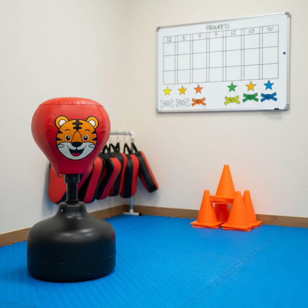 A children’s training corner in a martial arts school, featuring smaller red and black kicking pads, foam-covered training cones, and a miniature freestanding punching bag with a rounded base, all arranged neatly on bright blue mats. A whiteboard on the wall behind displays a simple, hand-drawn progress chart with colored stars and belt icons, carefully rendered without handwriting. Soft, even overhead lighting creates a cheerful, safe atmosphere with minimal shadows. Captured from an eye-level angle to make the equipment feel approachable, the composition keeps the mini punching bag in the foreground with the organized tools receding gently into a slightly blurred background. The scene has a warm yet professional tone, using clean photographic realism to communicate that kids’ classes are structured, fun, and well supervised.