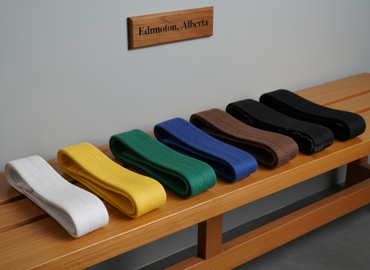A colorful lineup of martial arts belts—from crisp white through yellow, green, blue, brown, to a rich black—carefully laid out in a straight line across a smooth wooden bench. Each belt’s tightly woven fabric texture and neatly stitched edges are clearly visible, with subtle variations in wear suggesting progression and dedication. Behind the bench, a neutral gray wall with a small, framed "Edmonton, Alberta" plaque hints at location without distraction. Soft studio lighting from the side creates gentle gradients of light and shadow across the belts, emphasizing color and texture. Shot from a slightly elevated angle with sharp focus throughout, the mood is aspirational and orderly, in a clean, photographic realism style ideal for explaining belt levels on a professional site.